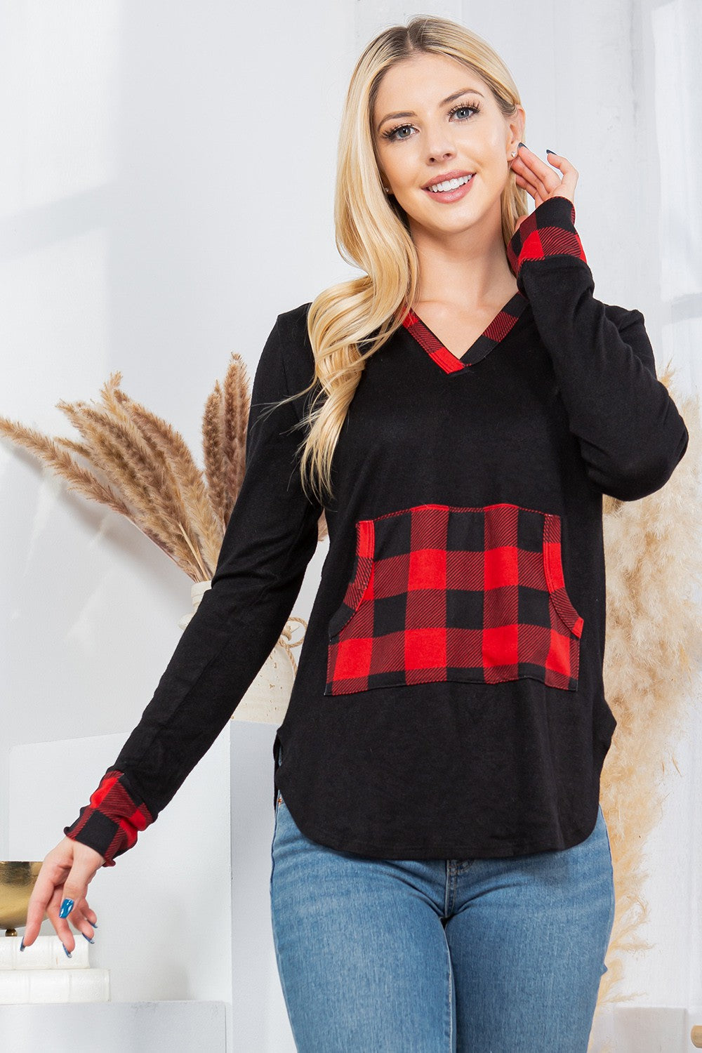 Plaid Kangaroo Pocket Hooded Pullover