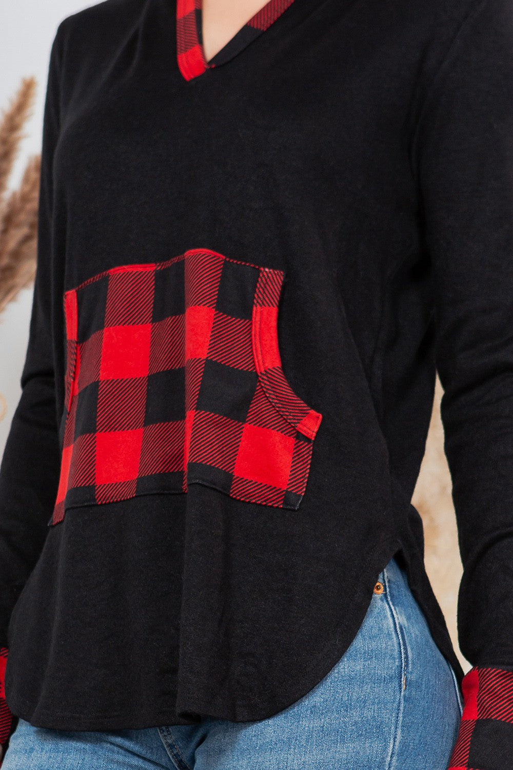 Plaid Kangaroo Pocket Hooded Pullover