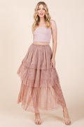 Elastic Waisted Embossed Mesh Tiered Ruffle Skirt