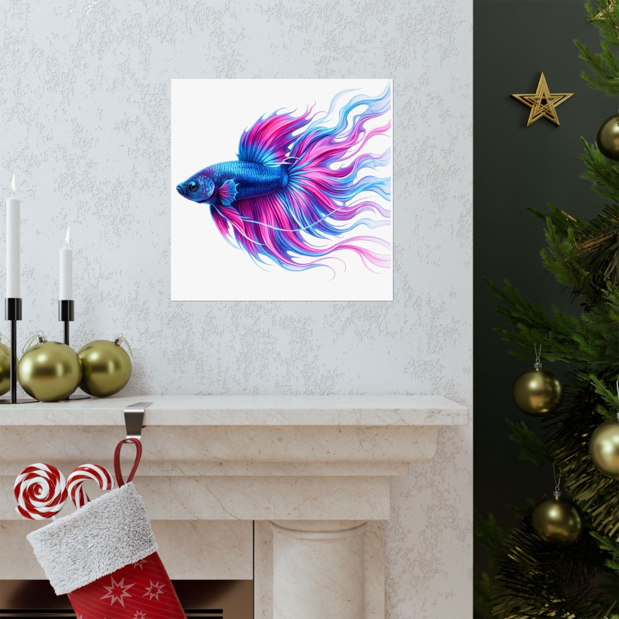Betta Fish Canvas Wall Art — Vibrant Blue & Pink Tropical Fish Matte Stretched Print