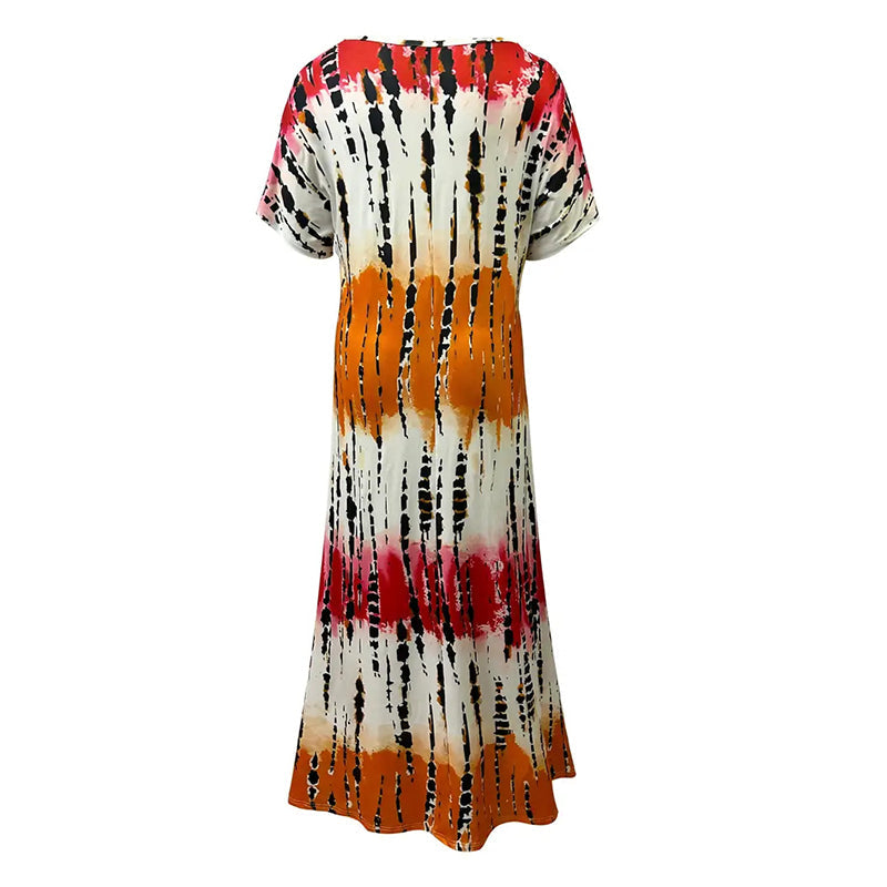 Women's Summer Tie Dye Short Sleeve V-neck Casual Loose Maxi Dress