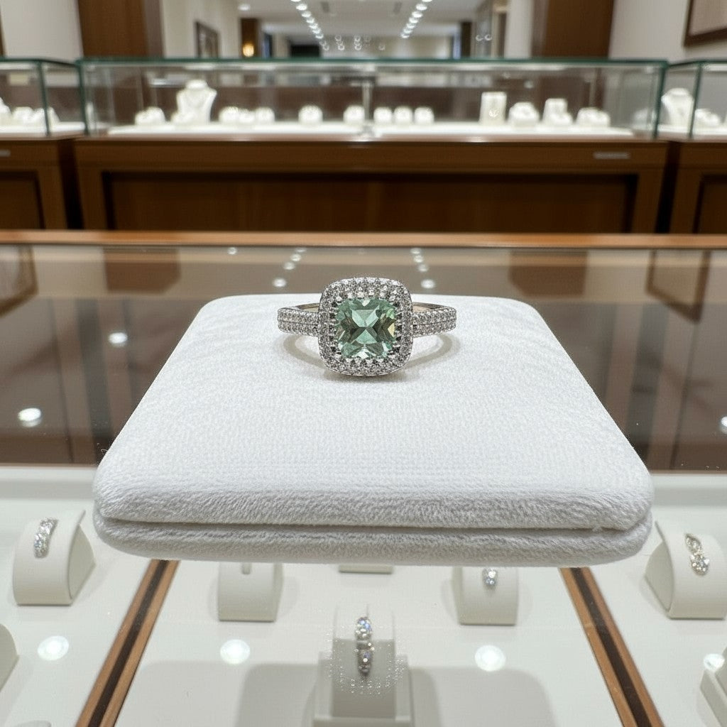 Comforting Light Cubic Zirconia Halo Cremation Ring<br>Cushion Cut • 6.4x6.4mm