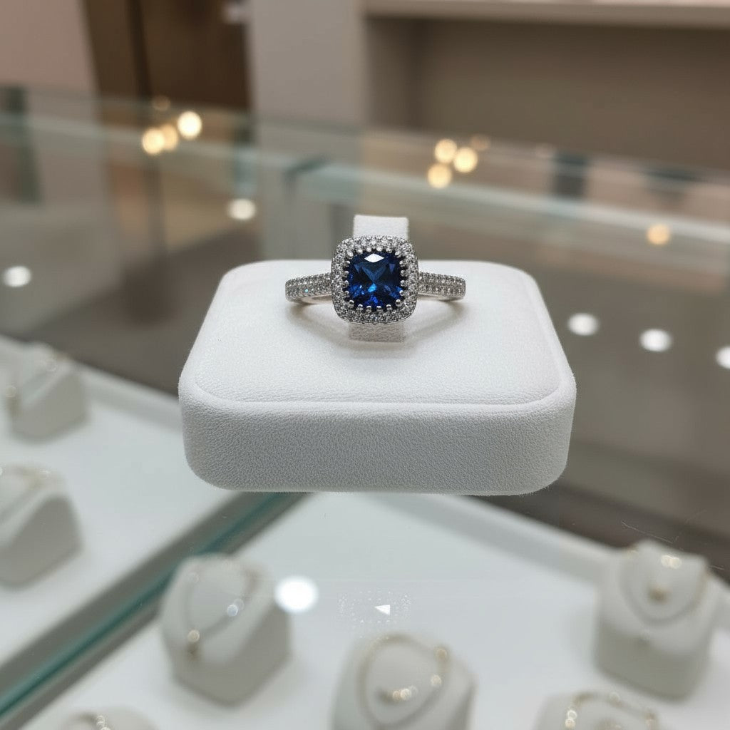 Comforting Light Cubic Zirconia Halo Cremation Ring<br>Cushion Cut • 6.4x6.4mm