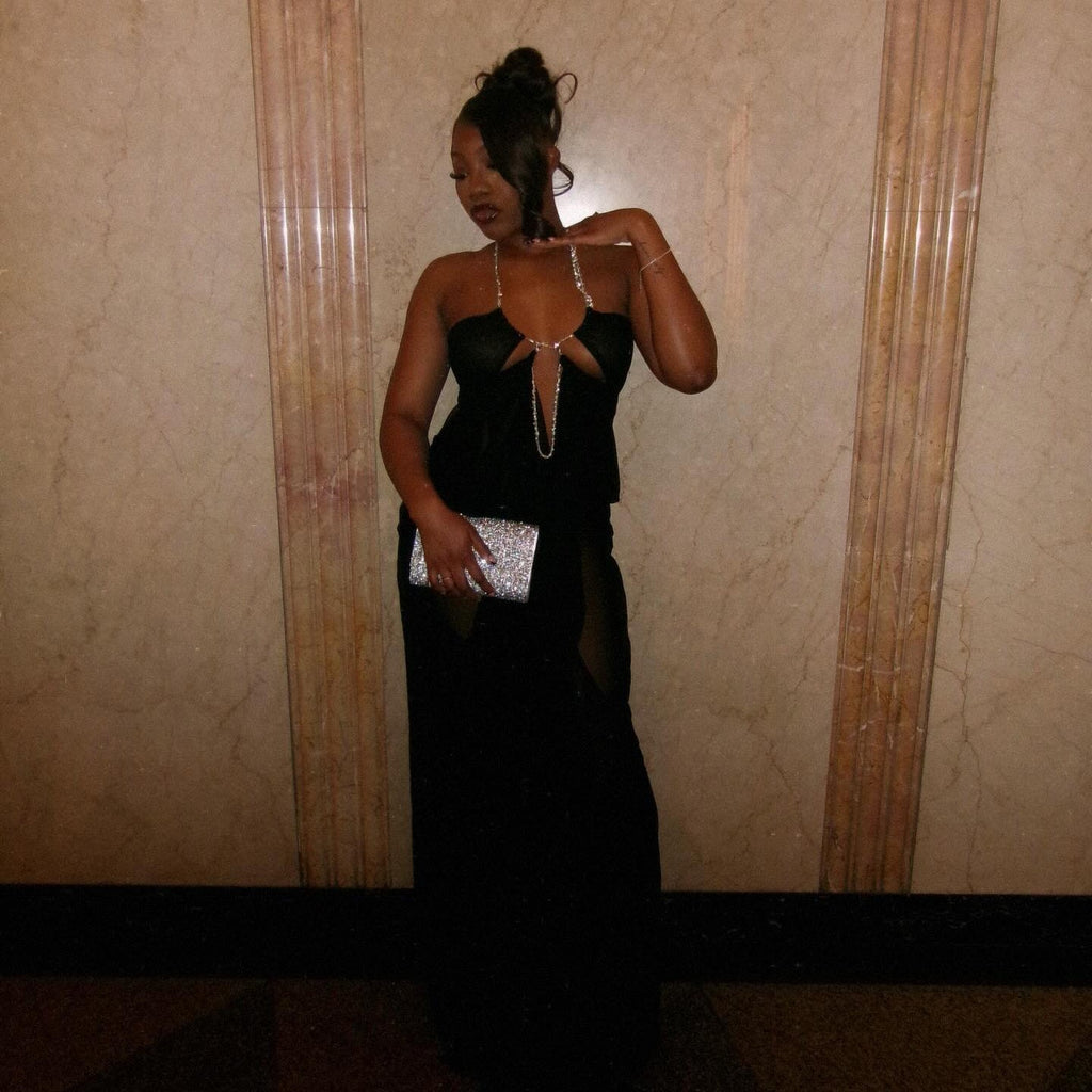Coral Cascade Sheer Draped Black Maxi Dress With Crystal Detail