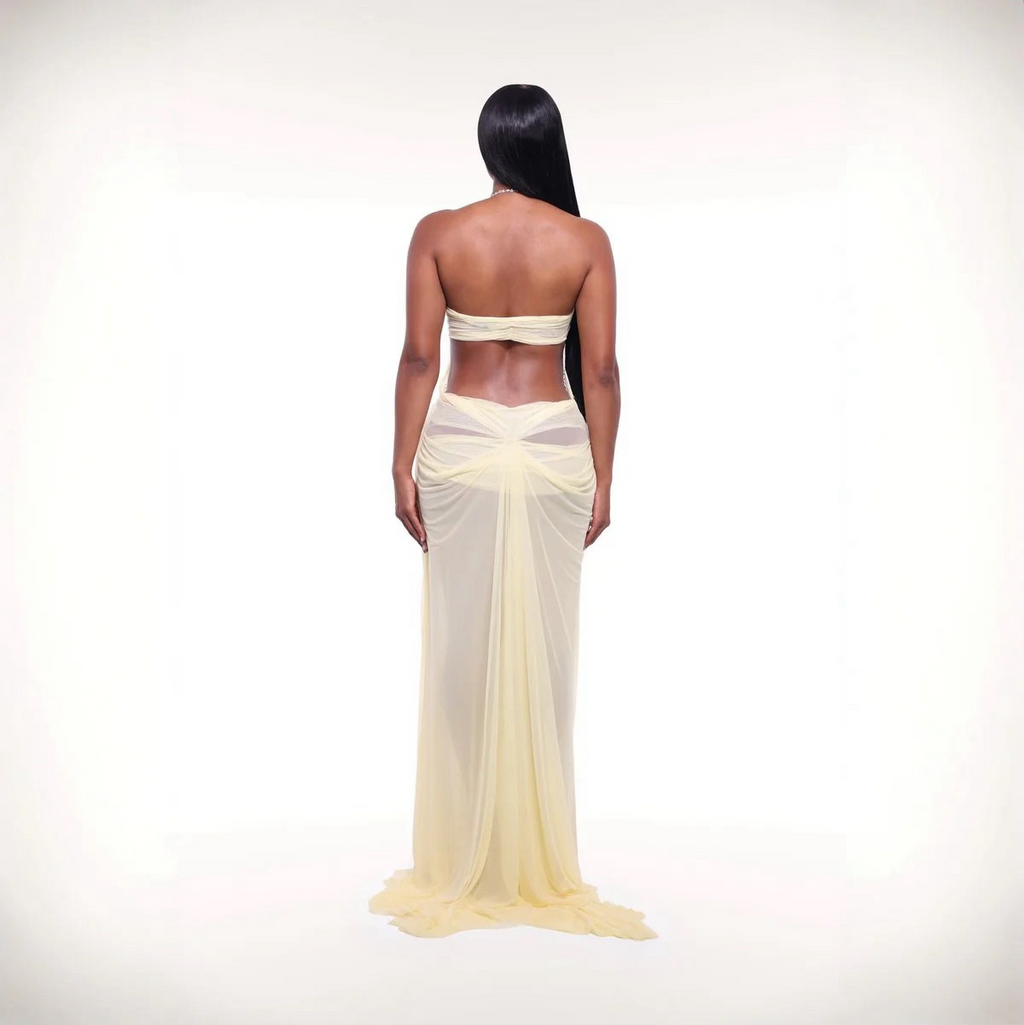 Coral Cascade Sheer Draped Yellow Maxi Dress With Crystal Detail