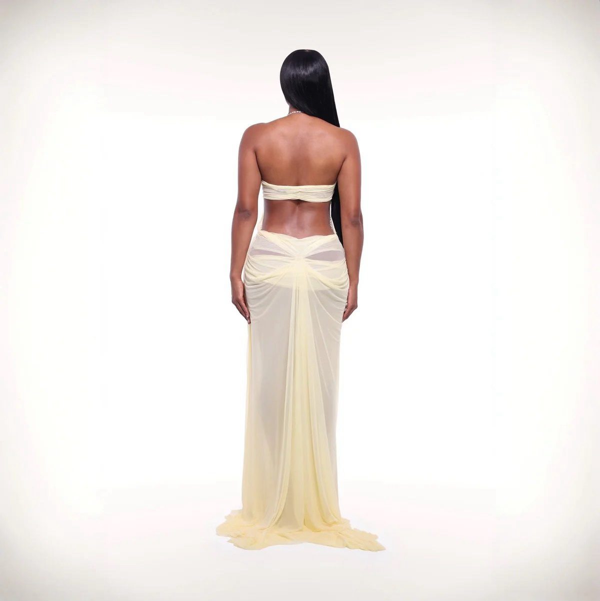 Coral Cascade Sheer Draped Yellow Maxi Dress With Crystal Detail