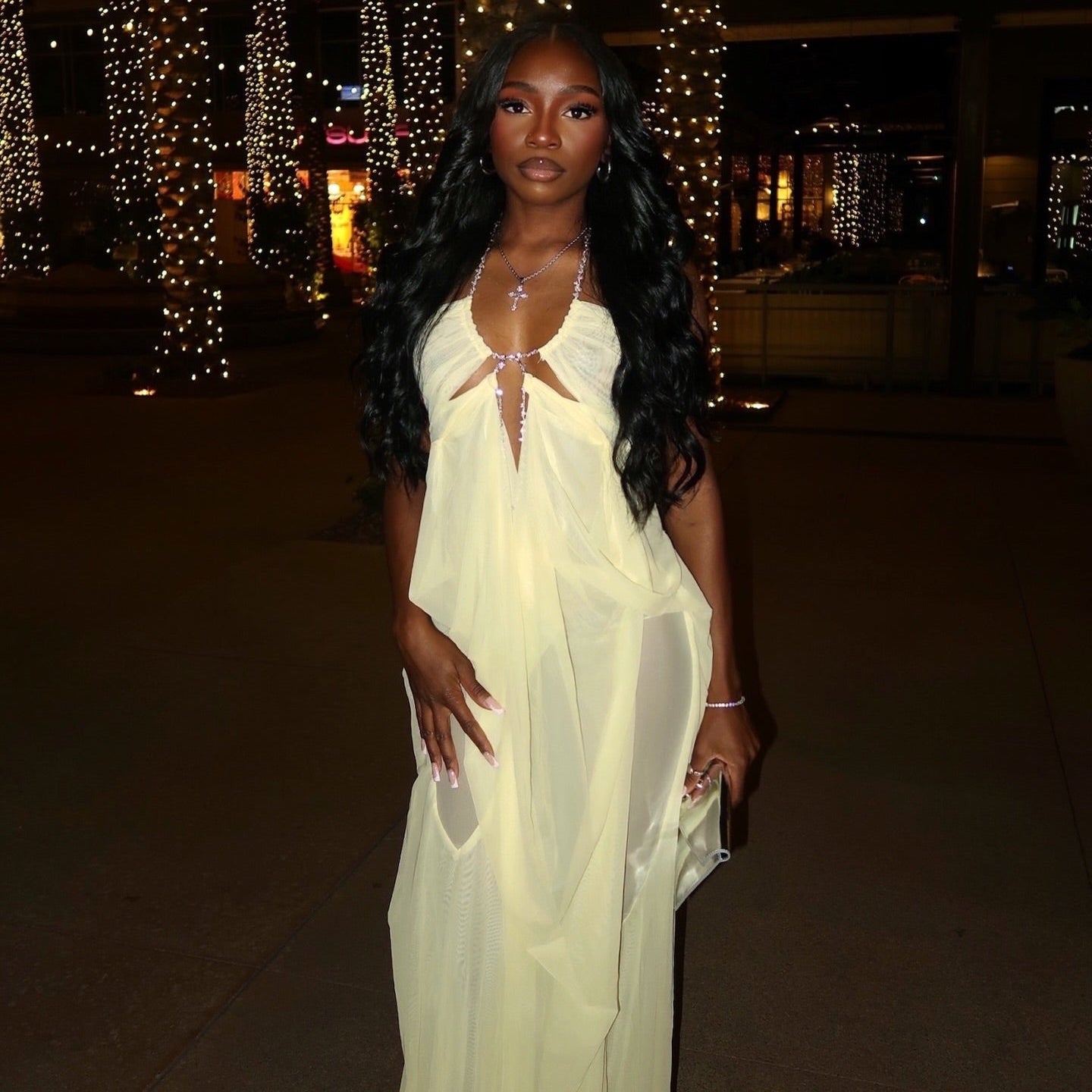 Coral Cascade Sheer Draped Yellow Maxi Dress With Crystal Detail