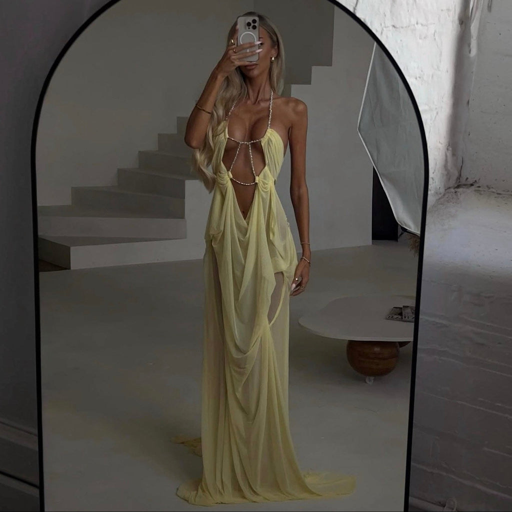 Coral Cascade Sheer Draped Yellow Maxi Dress With Crystal Detail