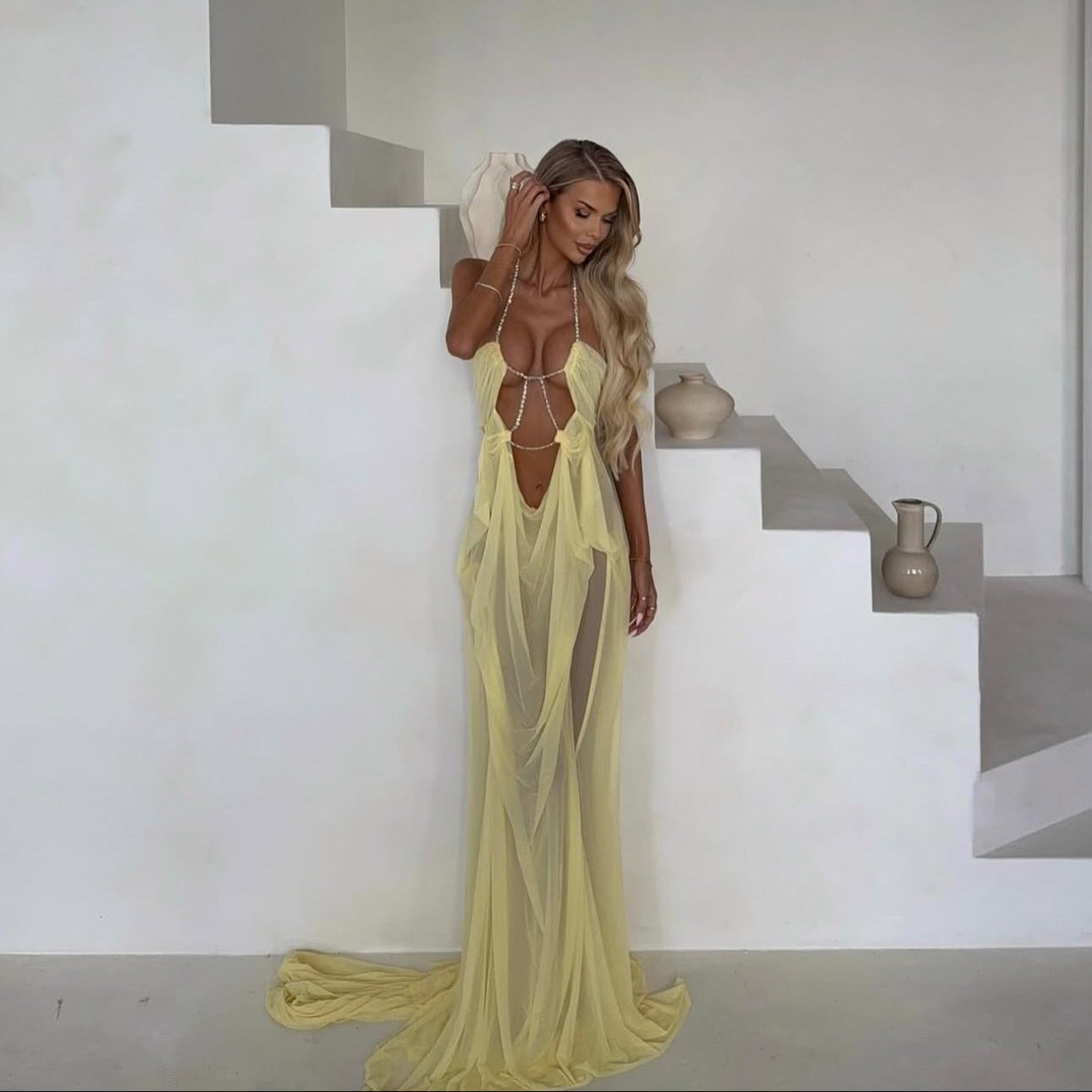 Coral Cascade Sheer Draped Yellow Maxi Dress With Crystal Detail