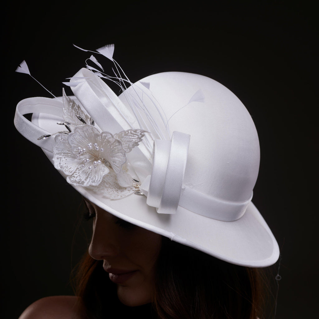 White Bridal Hat with Flower and Ribbon