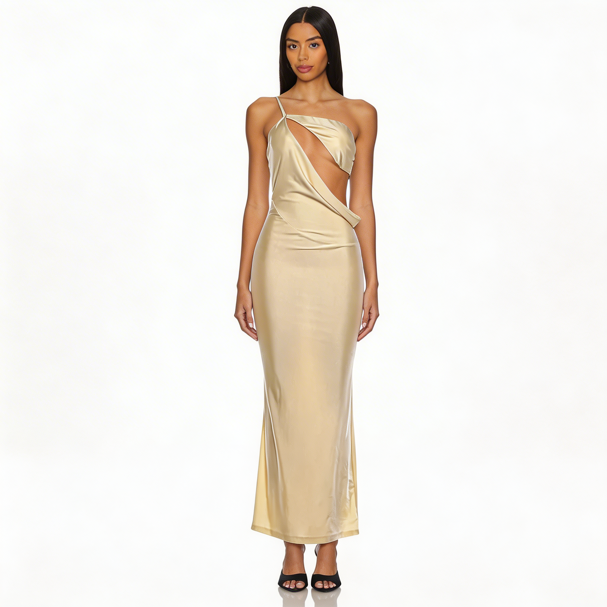 Everhart Gold Asymmetric Cut-Out Maxi Dress