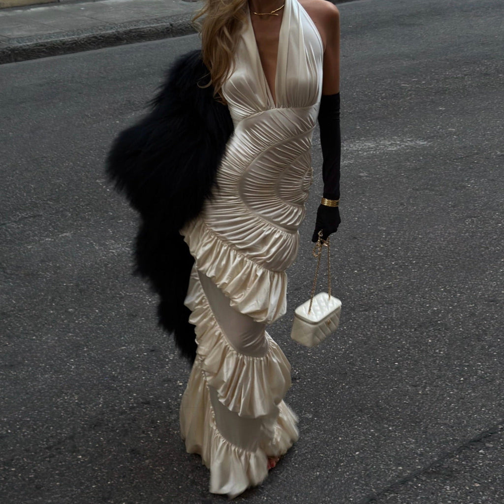 Innocence Ivory Sculpted Silk Halter Maxi Dress