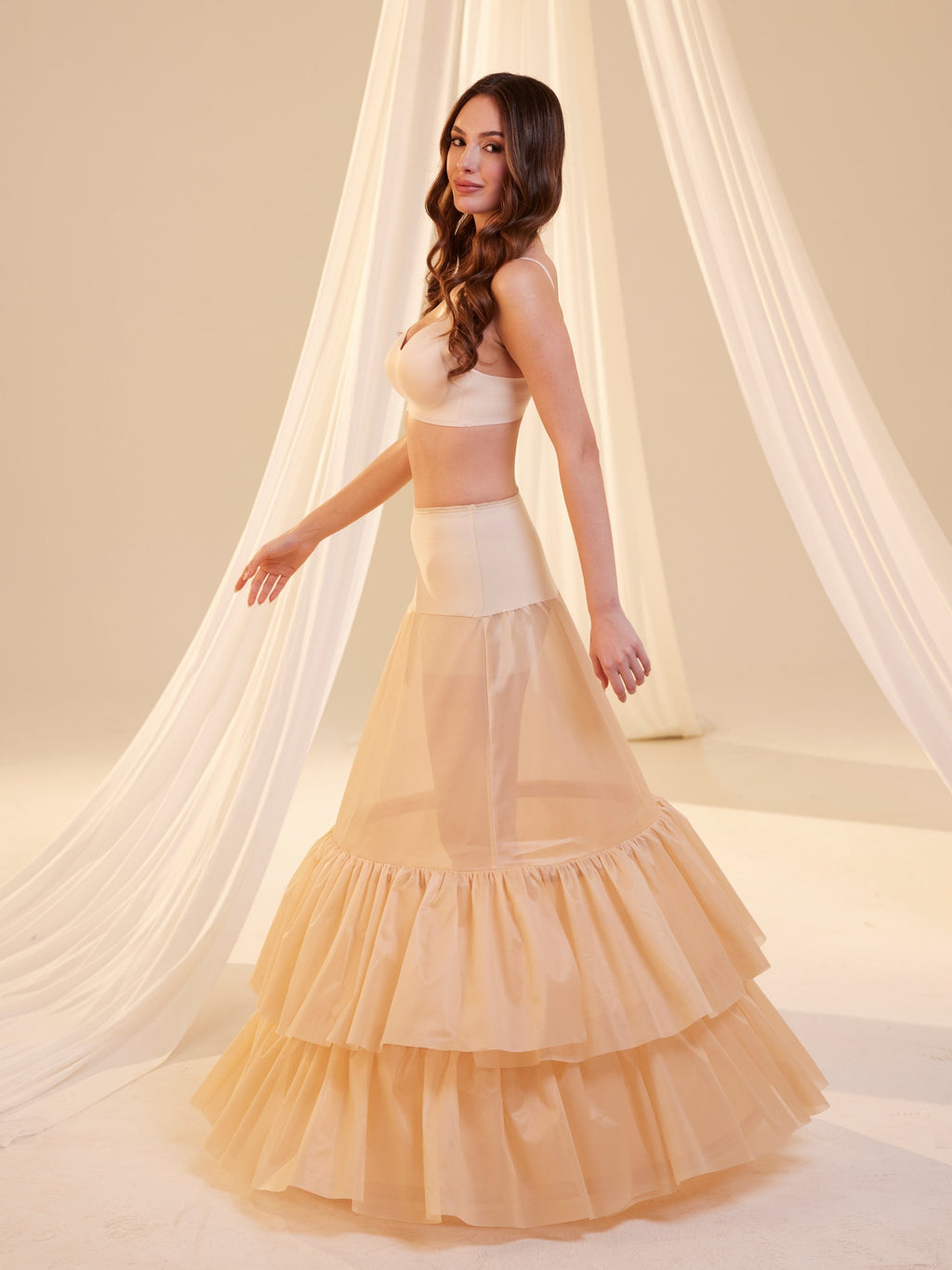 Nude Trumpet Petticoat Skirt  with  Waist Corsage and 3 Hoops , Bridal Crinoline Slip