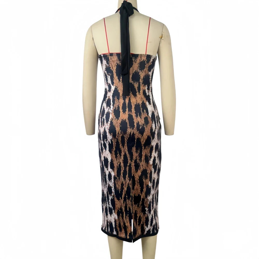 Leopard Print V-Neck Sleeveless Midi Dress