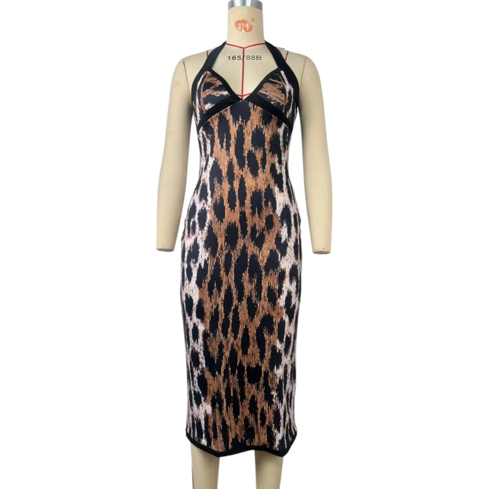 Leopard Print V-Neck Sleeveless Midi Dress