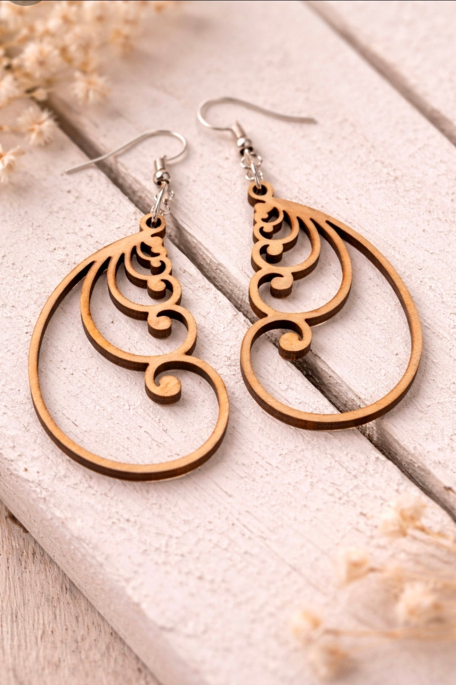Handmade Fibonacci Spiral Dangle Earrings – Lightweight Wooden Statement Jewelry