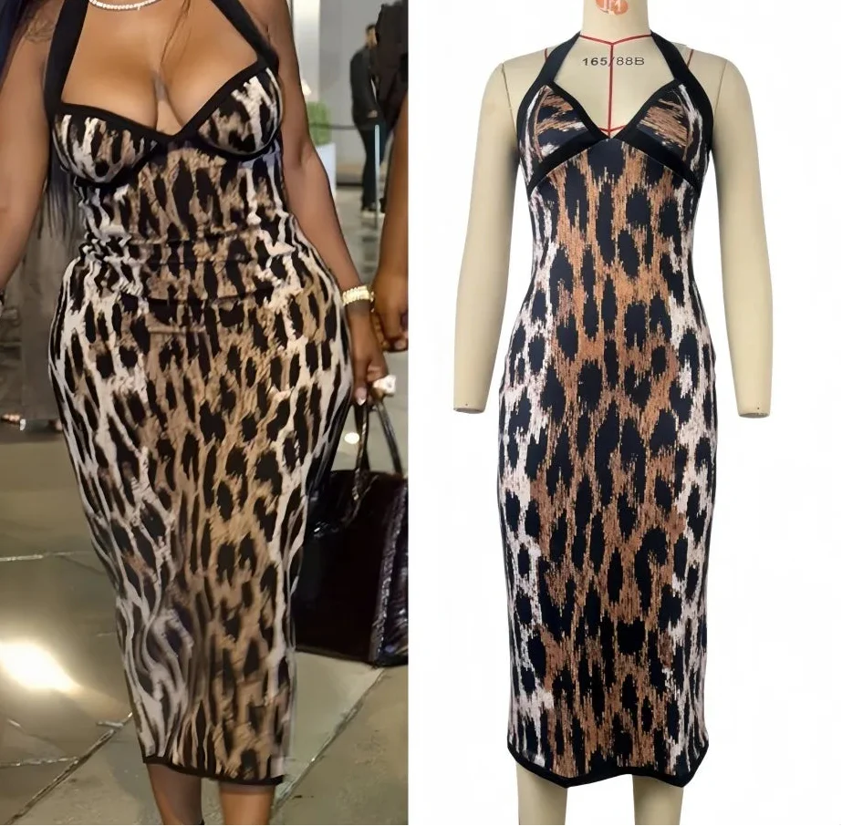 Leopard Print V-Neck Sleeveless Midi Dress
