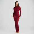 Stella Lace Backless Sculpting Ruched Burgundy Maxi Dress