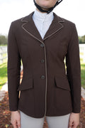 Grand Prix Ladies EQJ 3 Button Show Coat, Chocolate with Tan Piping
