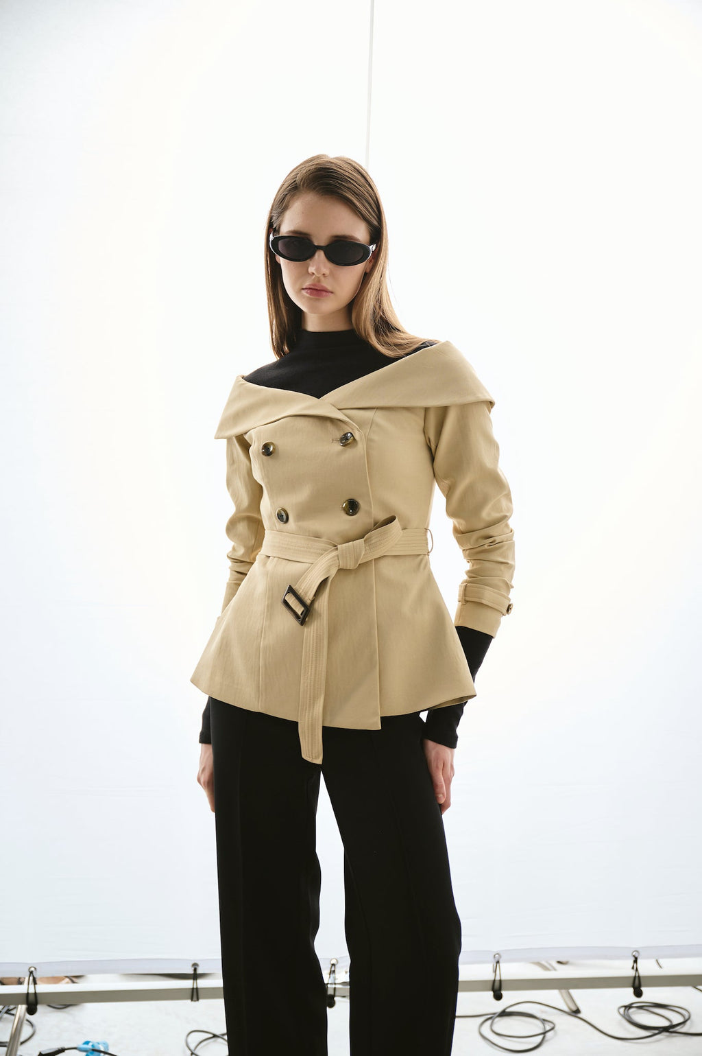 Off-Shoulder Belted Trench Jacket