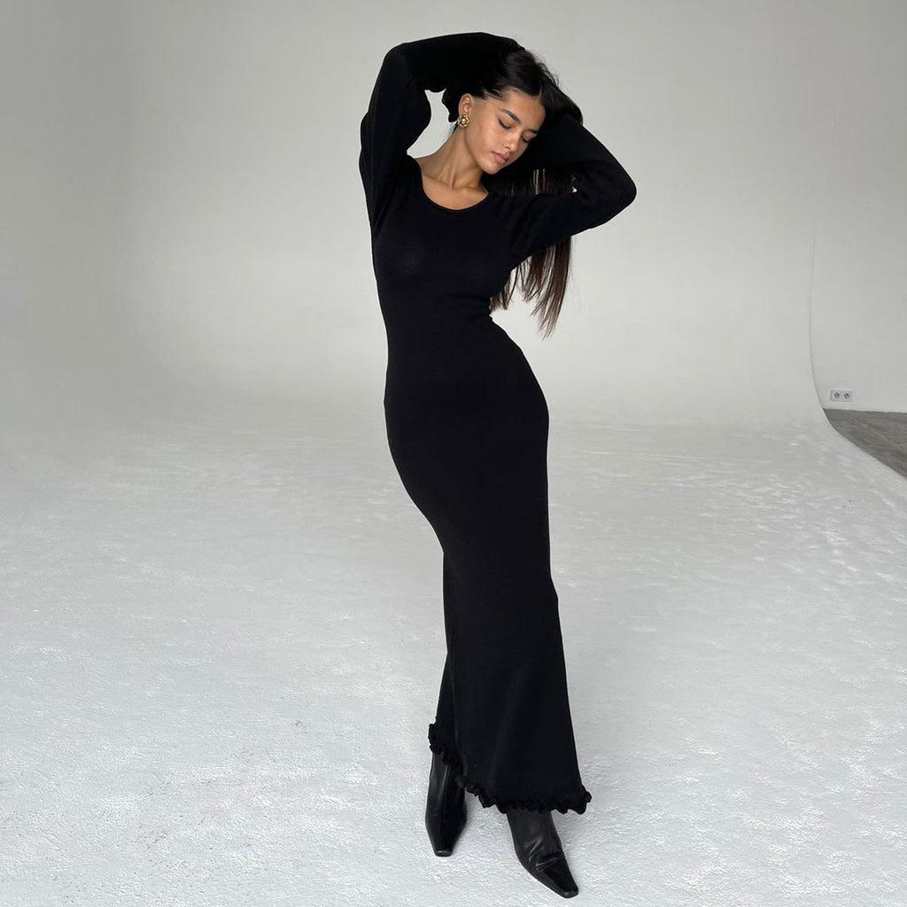 Vanilla Kiss Black Cloud-Knit Open Back Maxi Dress