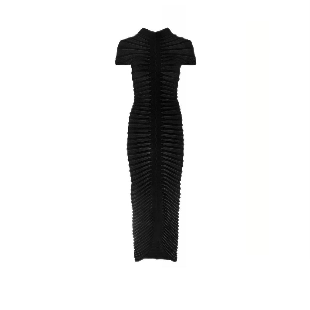 Wild Angel Short Sleeve Stripe Black Knitted Midi Dress