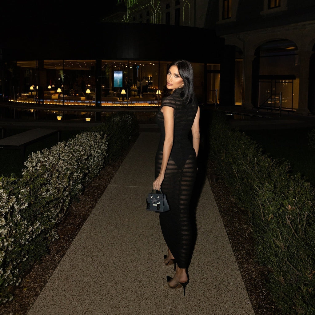 Wild Angel Short Sleeve Stripe Black Knitted Midi Dress
