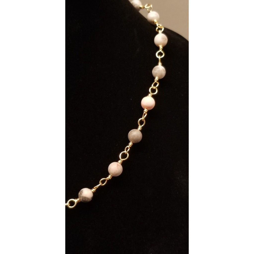 Handmade Agate Bead Chain Necklace – Gold Tone Wire Wrapped Natural Stone