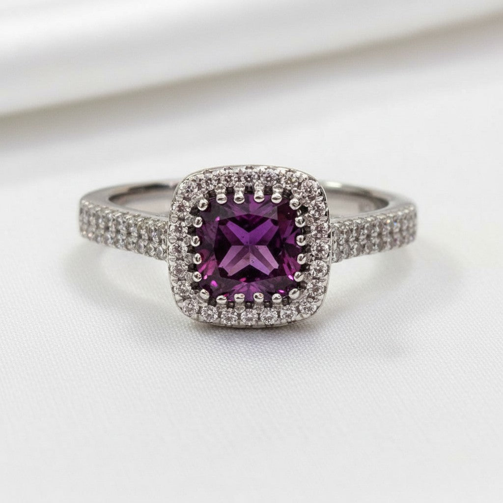 Comforting Light Cubic Zirconia Halo Cremation Ring<br>Cushion Cut • 6.4x6.4mm