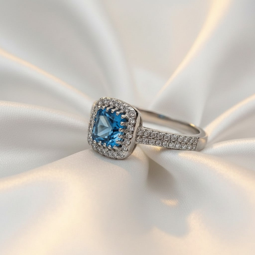 Comforting Light Cubic Zirconia Halo Cremation Ring<br>Cushion Cut • 6.4x6.4mm