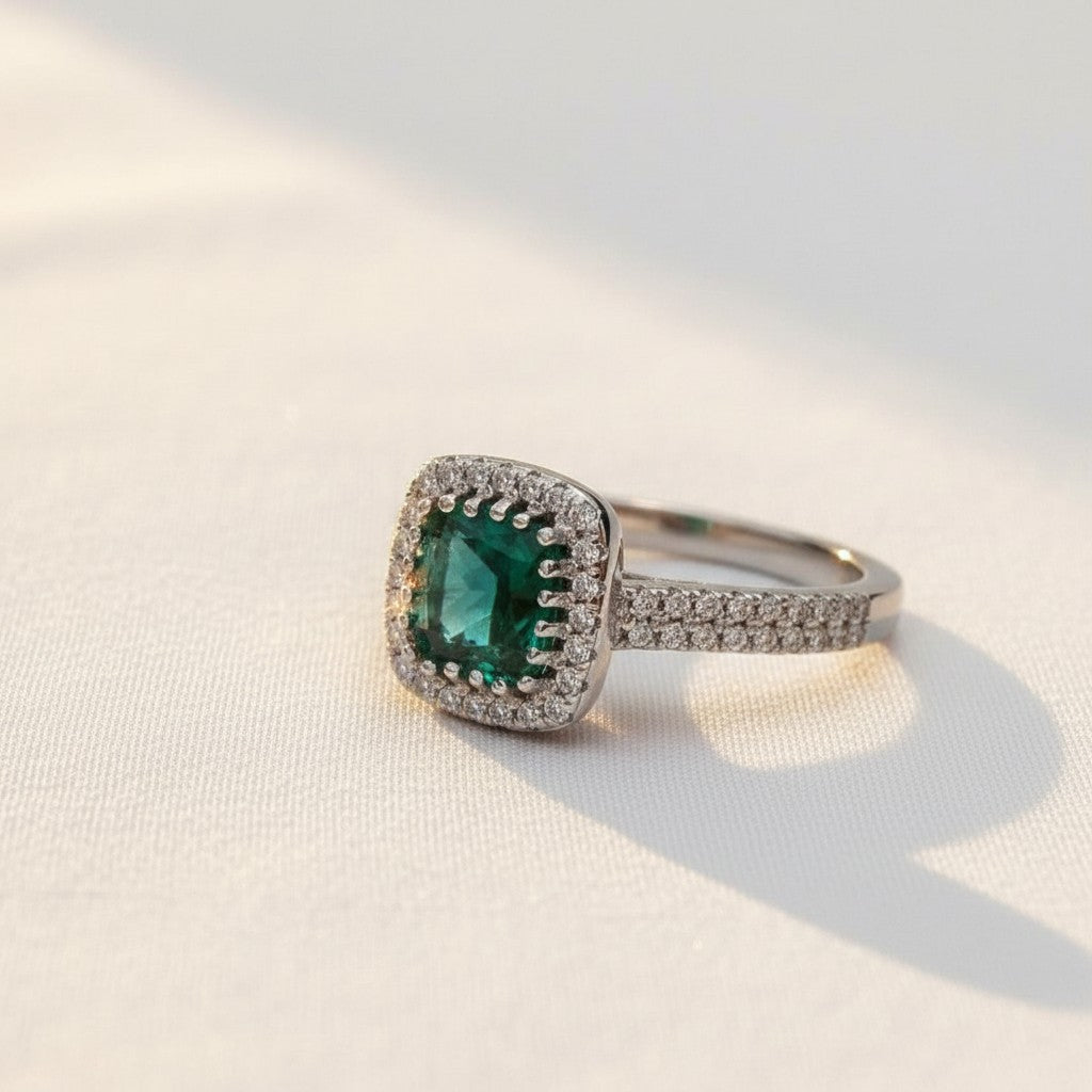 Comforting Light Cubic Zirconia Halo Cremation Ring<br>Cushion Cut • 6.4x6.4mm