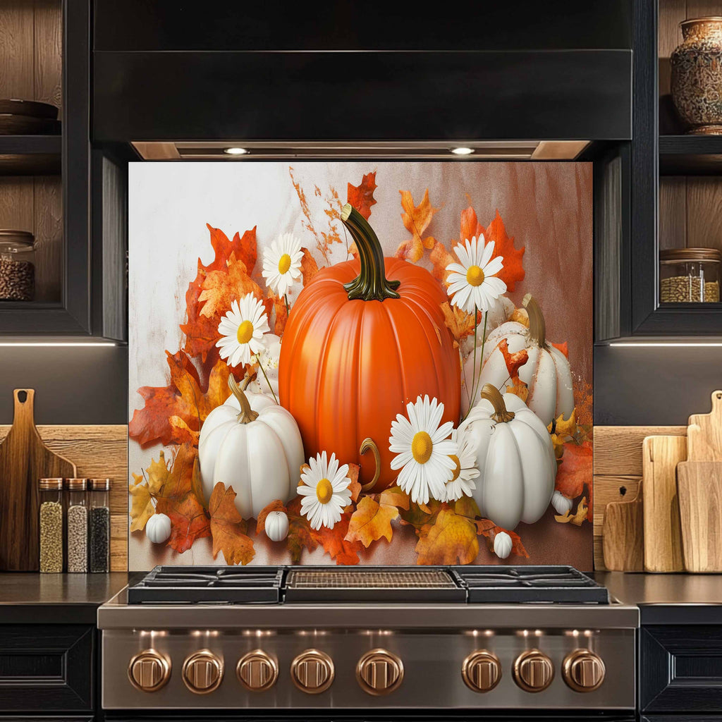 Pumpkin Bloom Tempered Glass Backsplash – Autumn Floral Kitchen Wall Art