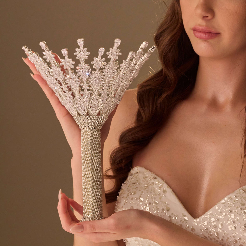 Luxury Silver Quinceañera & Wedding Bouquet Holder – Handcrafted with Crystal Stones & Beads