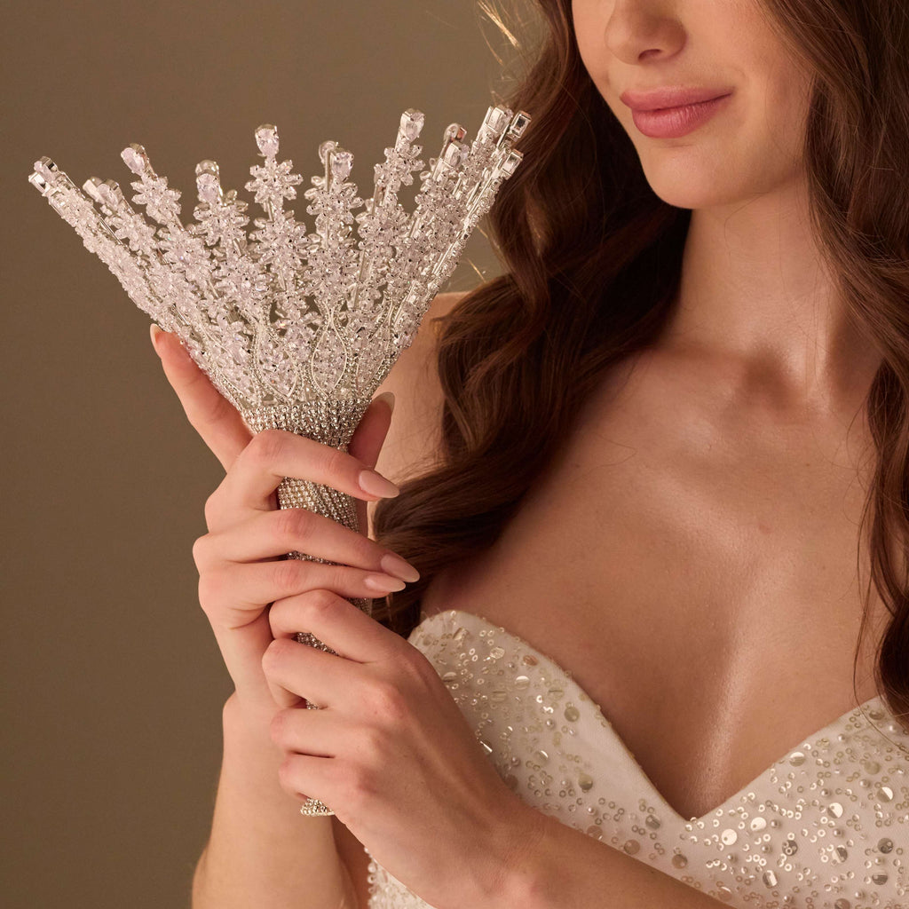 Luxury Silver Quinceañera & Wedding Bouquet Holder – Handcrafted with Crystal Stones & Beads