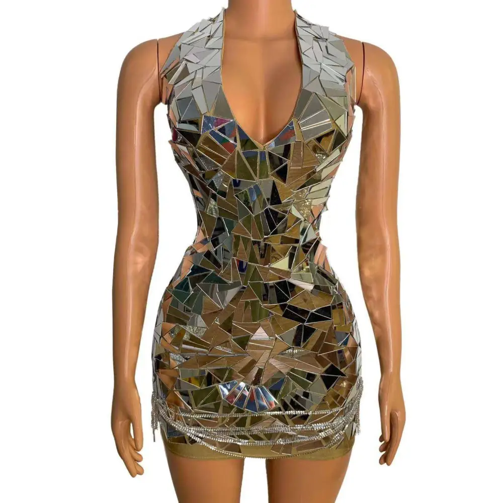 Mirrored Rhinestone Stage Nightclub DJ Female Dress