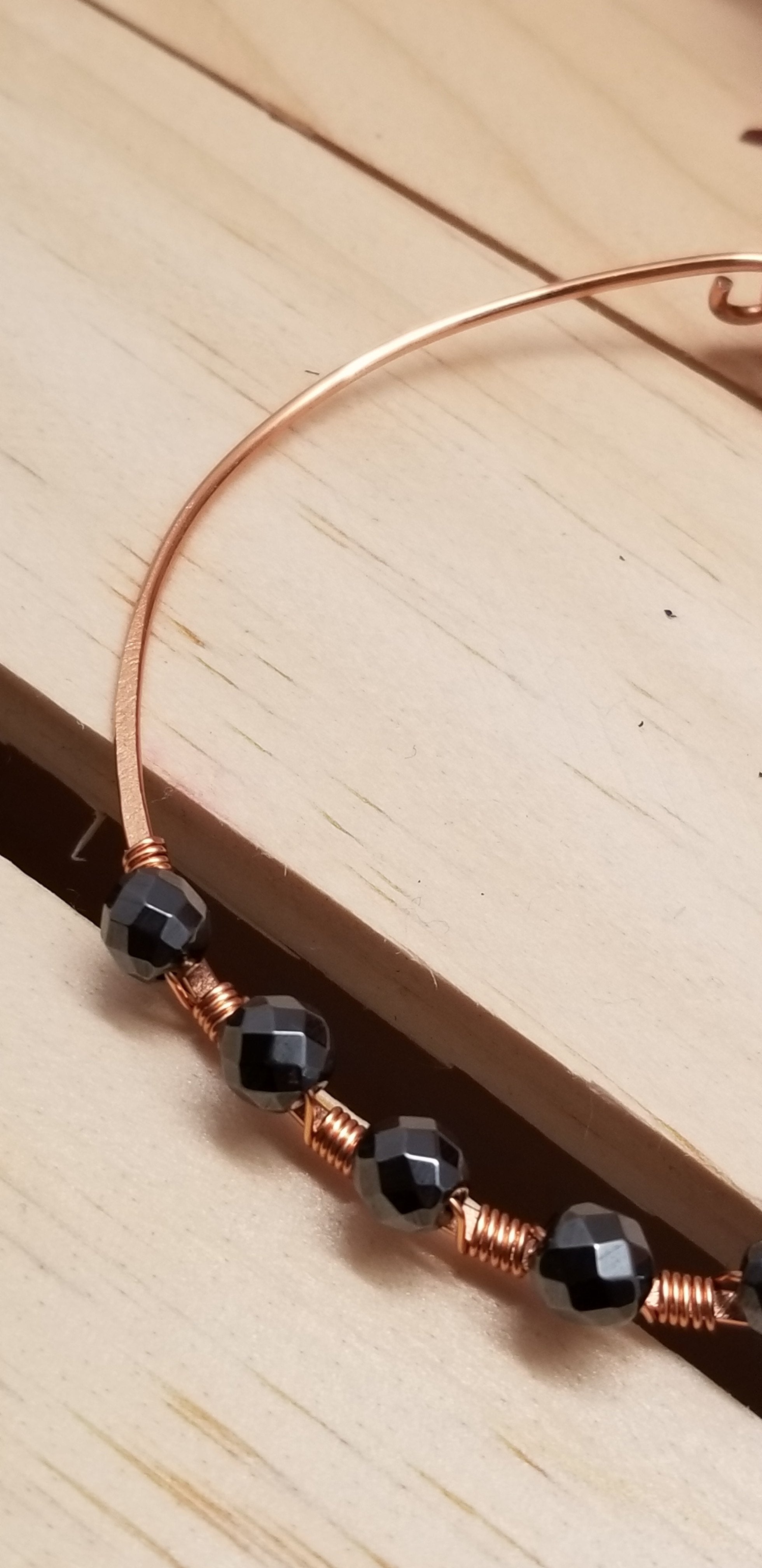 Handmade Hematite Copper Hoop Wire Wrapped Earrings