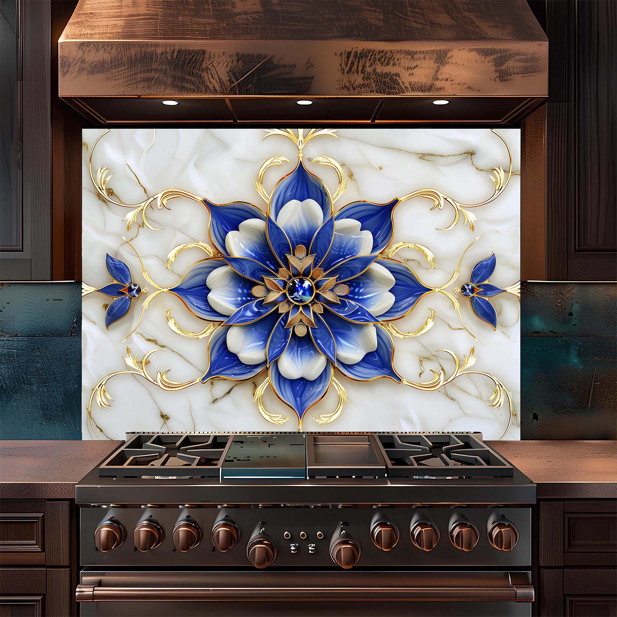 Tempered Glass Backsplash for Kitchen – Royal Blue Blossom Custom Splashback