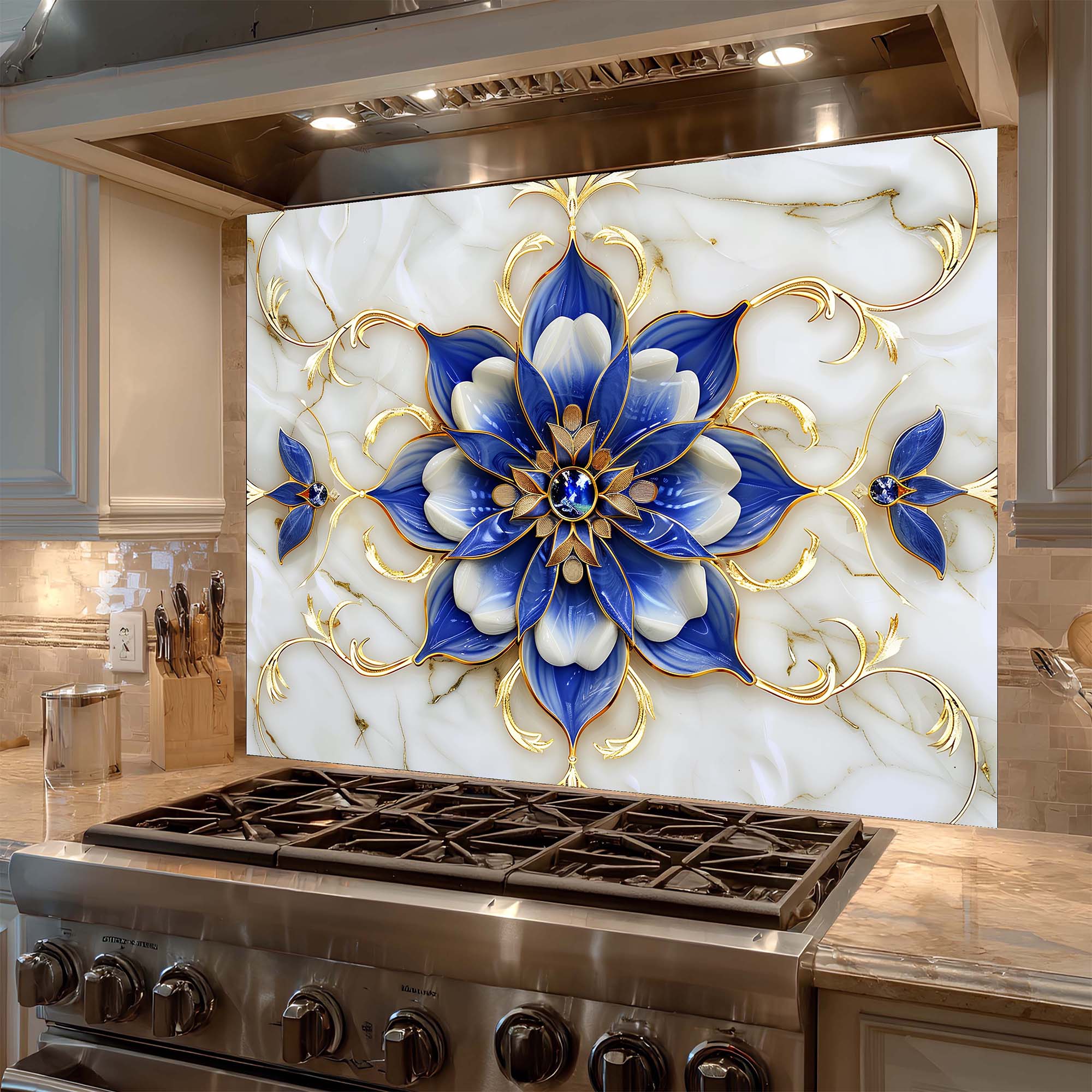 Tempered Glass Backsplash for Kitchen – Royal Blue Blossom Custom Splashback